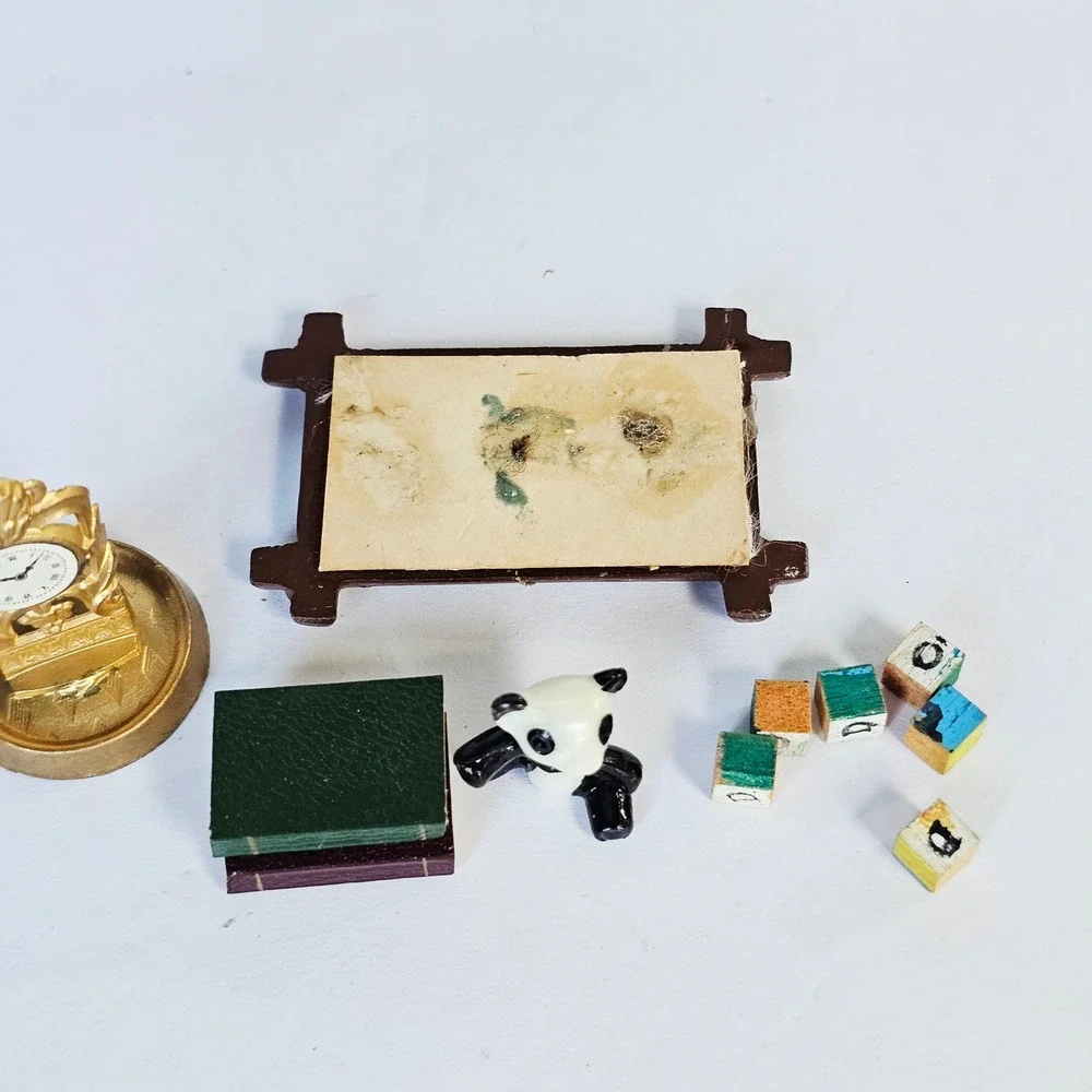 Vintage Dollhouse Accessories Lot Gold Clock‎ Home Sweet Home Sign Panda Blocks